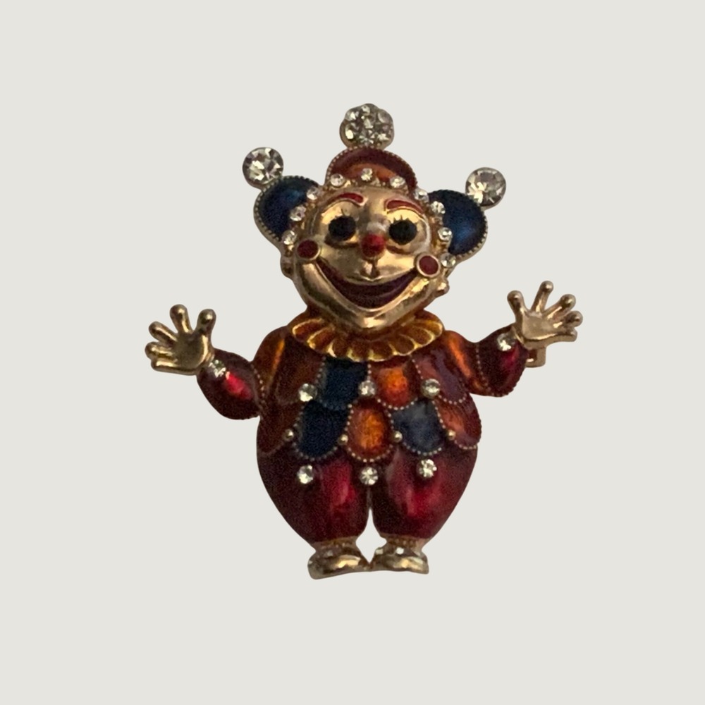 Vintage Enamel Clown Brooch Pin Jester Mardi Gras Rhinestone Gold Tone Pendant
